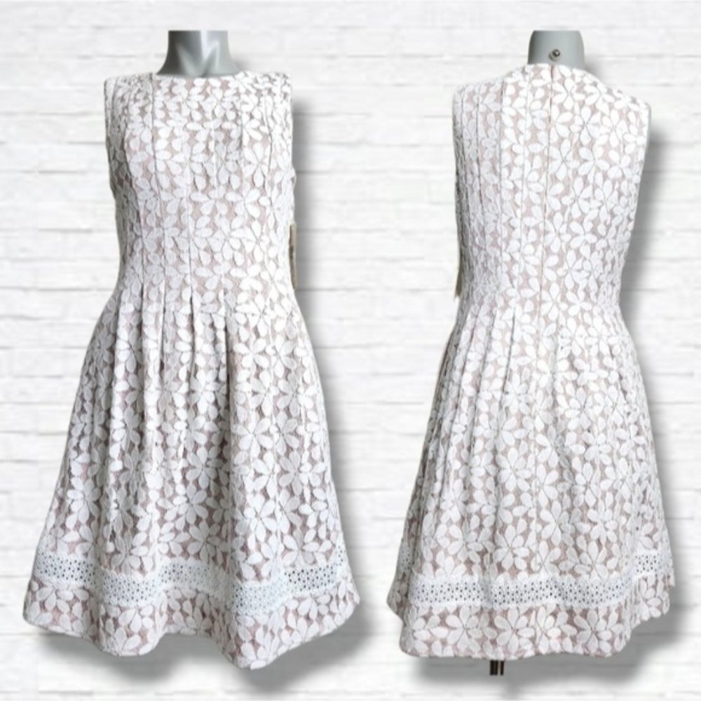 Eliza J Off White Lace Overlay Fit and Flare Midi Dress with Pockets Size 6 BNWT